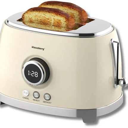 Klausberg - Broodrooster - Keuken Toaster - Toaster met LED Display en 6 Standen - Brede Sleuven Broodrooster - 2 Sneden - Retro Design - Ontdooifunctie & Opwarmfunctie - 850W - ca. 28.5 x 18.5 x 20 cm - Beige