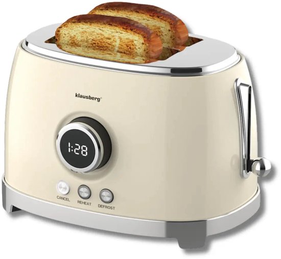 Klausberg broodrooster retro beige – 2 brede sleuven, LED-display, 850 W