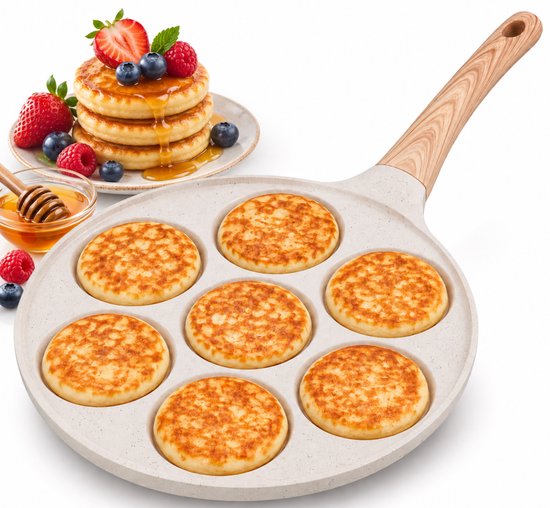Hakal Pannenkoekenpan 7 Vaks – Ø26 cm – Pancake Pan met Anti-aanbaklaag – Voor Mini Pannenkoeken, Eieren & Snacks – Crème/Wit