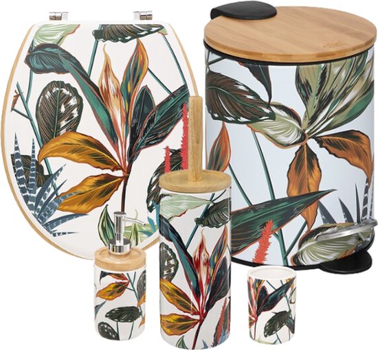 Palawan Badezimmer-Zubehörset - 5-teiliges komplettes Badezimmerset - Toilettenzubehör - Toilettensitz - Toilettenbürste - Seifenspender - Zahnbürstenhalter - 3L Soft-Close Treteimer - Multicolor Design