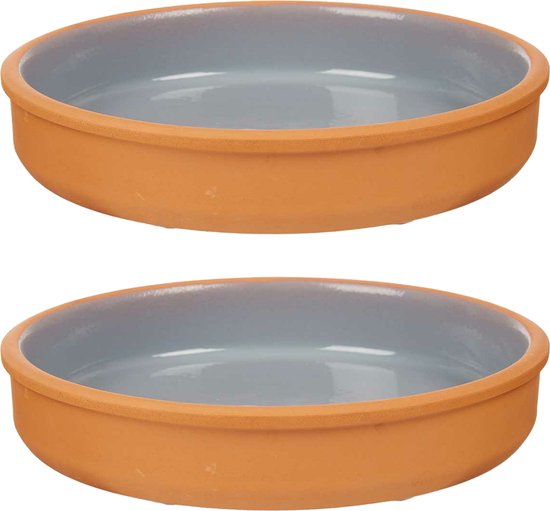 La Dehesa Tapas serveerschaal - 2x stuks - terracotta - grijs - D23 x H4 cm - hapjes serveren - ovenschaal - rond