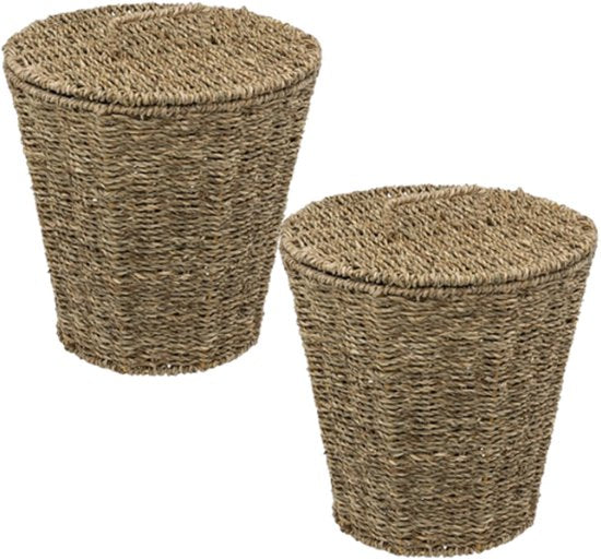 2-Delige - Reed Opbergmandenset - Afvalbak - Gevlochten Rieten Opbergmand met Deksel - Decoratieve Opbergbox - Boho Woonaccessoires - 9 Liters - 26 x 26 x 30 cm - Bruin