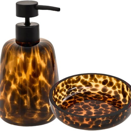 Badkameraccessoireset - Luxe Badkamer Set - Dotty 400ml Zeeppompje en 11cm Zeepbakje - Glazen Zeepset Voor Toilet & Keuken - Bruin