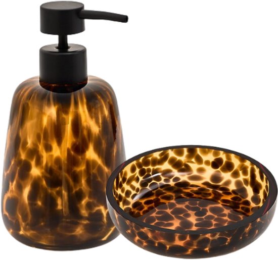 Badezimmer-Accessoire-Set – Luxuriöses Badezimmer- Set – Dotty 400 ml Seifenspender und 11 cm Seifenschale – Seifenset aus Glas für Toilette & Küche – Braun