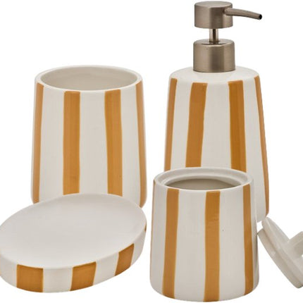 Badkameraccessoiresset - 4-delig Stijlvolle Badkamer Accessoires - Strio Tandenborstelhouder - Zeepdispenser - Zeepschaal - Wattenpot - Keramisch Dolomiet – Geel & Wheat
