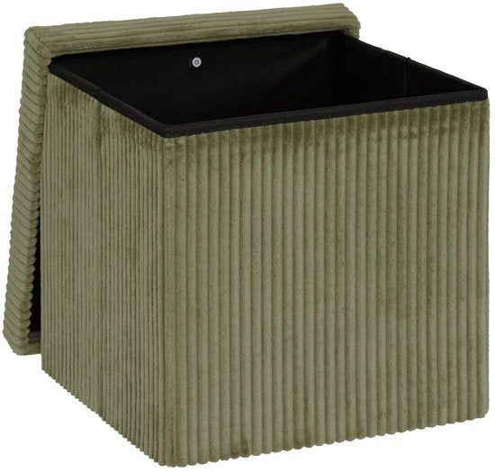 Atmosphera Hocker / Poef Essestial Ribcord - opvouwbaar - groen - MDF / polyester - 38 cm - met opbergruimte - extra zitplaatsen