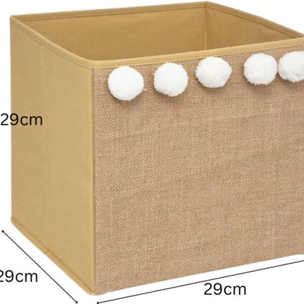 Opbergdoos - Pompom Opbergdoos - Set van 2 - Opvouwbare Opbergbox - Jute Look - Vierkant - Cardboard / PP - 29 x 29 cm - Karamel Bruin