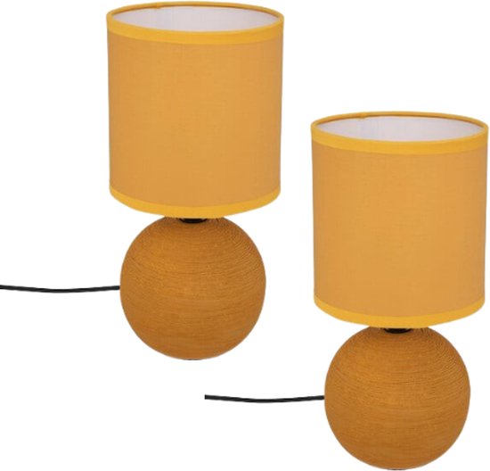 Timéo Bol Tischlampe – Keramiklampe – 2er-Set – Moderne Tischleuchte mit Kabel – Stimmungslicht für Wohnzimmer – Schlafzimmer – Schreibtisch – 25 cm Höhe – Gelb