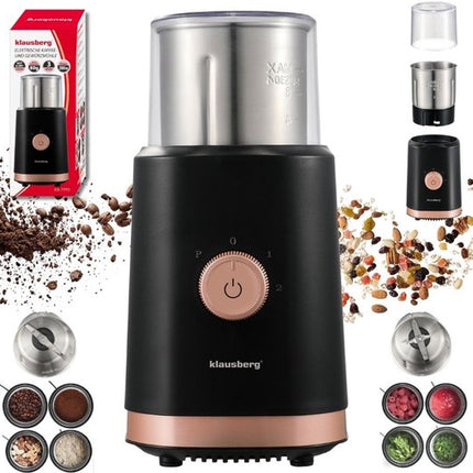 KLAUSBERG KB-7992 Elektrische 2-in-1 Koffie- en Kruidenmolen – 200W – RVS Bekers – Droog & Nat Malen – 3 Snelheden – 80g Capaciteit – zwart/Koper