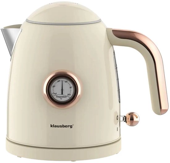 Klausberg - Waterkoker - Retro Waterkoker - Kleine Elektrische Waterkoker - Thee Waterkoker met Thermometer - Compacte Waterkoker Design - Keukenapparaat - 1L - 1200W - RVS - Crème