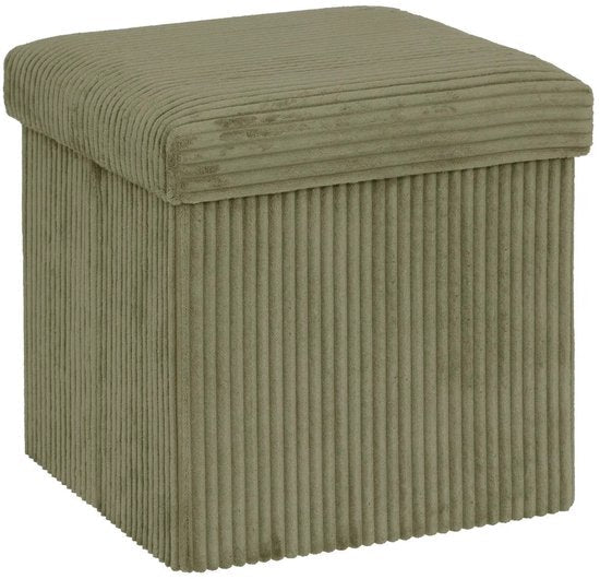 Atmosphera Hocker / Poef Essestial Ribcord - opvouwbaar - groen - MDF/polyester - 38 cm - met opbergruimte - extra zitplaatsen