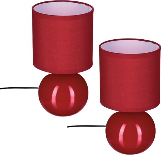 Timéo Bol Tischleuchte - Keramiklampe - 2er-Set - Moderne Tischlampe mit Kabel - Stimmungsbeleuchtung für Wohnzimmer - Schlafzimmer - Schreibtisch - 25 cm Höhe - Rot