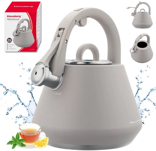 Klausberg 7949 - Flötenkessel mit Flöte - 2,5 Liter - Edelstahl - Grau
