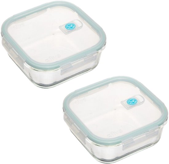Food Storage Container - Glass Food Storage Container - Storage Box with Lid - Set of 2 - Airtight - Borosilicate Glass - Square - 1.18 L - 18.3 x 18.3 x 7.3 cm - Blue