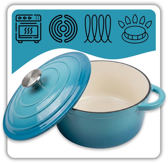 Hage gietijzeren braadpan met deksel, 24 cm, 4 liter, azuurblauw