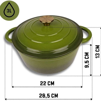 Hage - Gietijzeren Kookpot - Geëmailleerde Braadpan met Deksel - Stoofpan voor Inductie & Oven - Ovenvaste Kookpan - Inclusief Siliconen Pannenhouder & 2 Handvatten - 3 Liters - Ø22 x 13 cm - Olijfgroen