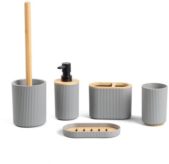 Homla - Loreto Badezimmer-Zubehör-Set - Badezimmer-Accessoire-Set - 5-teilig - Komplettes Badezimmer-Set mit Bambus - Seifenspender - Zahnbürstenhalter - WC-Bürste - Moderne Badezimmer-Accessoires - Grau