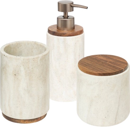 Côme Badkameraccessoiresset - Luxe Badkamer Set - Badkamer Accessoires Set - Zeepdispenser - Tandenborstelbeker - Wattenschijfjeshouder - Polyresin - Beige