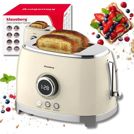 Klausberg - Broodrooster - Keuken Toaster - Toaster met LED Display en 6 Standen - Brede Sleuven Broodrooster - 2 Sneden - Retro Design - Ontdooifunctie & Opwarmfunctie - 850W - ca. 28.5 x 18.5 x 20 cm - Beige