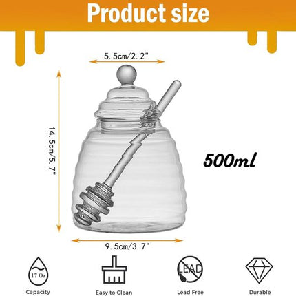 500 ml glazen honingpot met honinghouder en honinglepel, transparant glas honingglas met deksel, honingglazen voor het serveren van honing en siroop