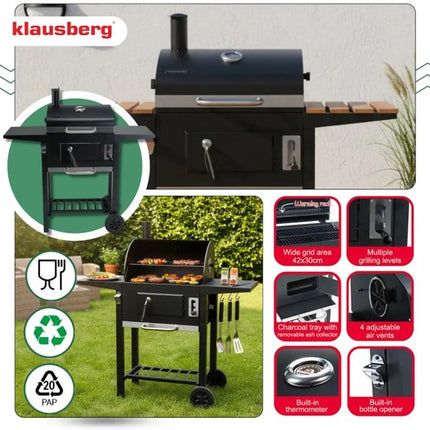 KINGHOFF Houtskoolbarbecue KH-2034 - BBQ met Deksel, Zijtafels en Wielen - 43 x 39,6 cm