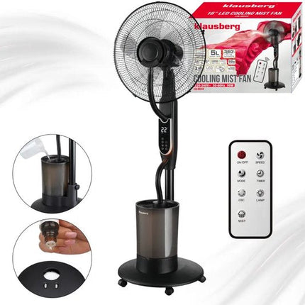 Klausberg - Mist Ventilator - Staande Ventilator - Vloerventilator met Verneveling - Luchtbevochtiger 5L - Afstandsbediening LED & Timer - Koelventilator met Watervernevelaar - Air Cooler met Oscillatie 90° - 90W - Ø16inch - Zwart