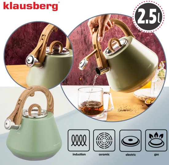 Klausberg - KB-9062 - Fluitketel - RVS Waterketel - Met Fluit - Matte Afwerking - Afneembaar Deksel - Houten Look Handgreep - Inductie - Gas - Elektrisch - Keramisch - Theeketel - Koffie - Brede Voet - 2.5L - Pastelgroen