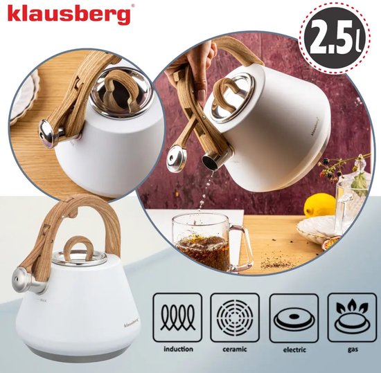 Klausberg - KB-9061 - Fluitketel 2.5 Liter - RVS Waterketel - Met Fluit - Afneembaar Deksel - Houtlook Handgreep - Inductie - Gas - Elektrisch - Keramisch - Theeketel - Koffie - Brede Voet - MAX Aanduiding - Wit