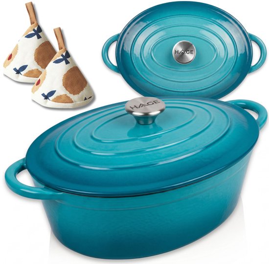Hage gietijzeren braadpan met deksel, 6 liter, azuurblauw emaille