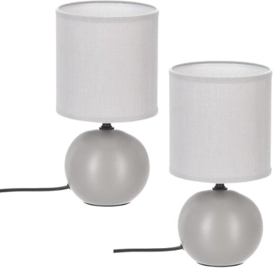 Timéo Bol Tischlampe - Keramiklampe - 2er-Set - Moderne Tischleuchte mit Kabel - Stimmungslicht für Wohnzimmer - Schlafzimmer - Büro - 25 cm Höhe - Grau