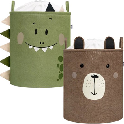 SIPO Speelgoedmand - Opbergbak - Opbergmand - Set van 2 - Bruine Beer & Groene Dino Design - Opvouwbare Katoen Mand - Voor Speelgoed & Kleding - XXL - 63 Liters - 40 x 40 x 50 cm - Bruin & Groen