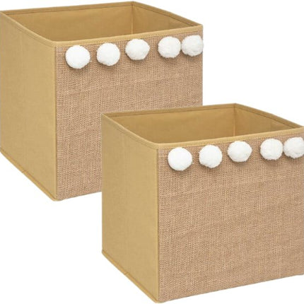 Opbergdoos - Pompom Opbergdoos - Set van 2 - Opvouwbare Opbergbox - Jute Look - Vierkant - Cardboard / PP - 29 x 29 cm - Karamel Bruin