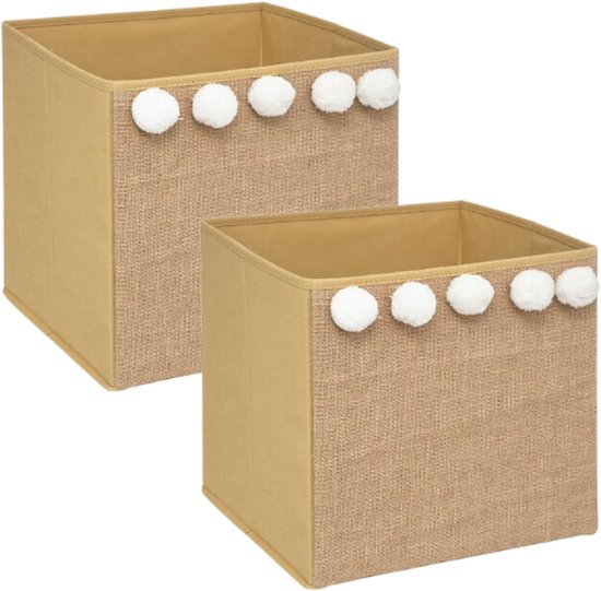 Aufbewahrungsbox - Pompom Aufbewahrungsbox - 2er-Set - Faltbare Aufbewahrungsbox - Jute-Optik - Quadratisch - Pappe / PP - 29 x 29 cm - Karamellbraun