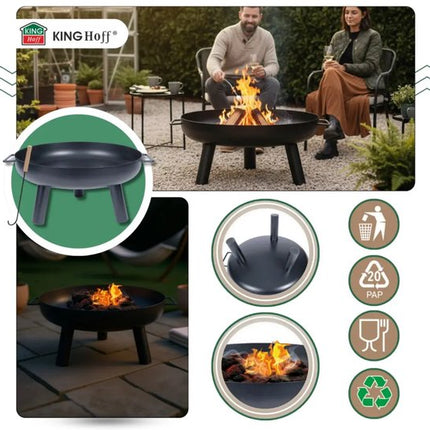 KINGHoff - Vuurkorf - Camping BBQ Vuurkorf - Tuinhaard Buiten Houtskool - Vuurplaats Tuin - Bonfire Fire Pit met Pook - Terras Haard - Metaal - Ø60.5 x 32 cm - Zwart