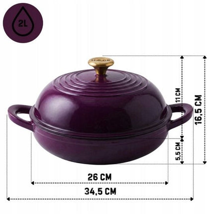 Hage - Geëmailleerde Braadpan - Gietijzeren Stoofpan met Deksel - Ovenvast & Geschikt voor Inductie, Gas en Keramische Kookplaat - Voor Brood, Gratins & Stoofgerechten - Inclusief Handbeschermers - 2Liters - Ø26 x 16.5 cm - Aubergine