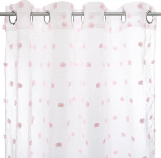 Gordijn Met Pompom - Wit - Roze - 140 x 240 cm