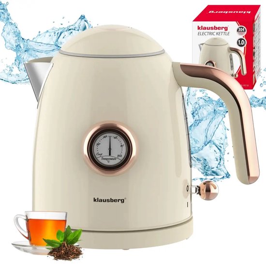 Klausberg - Waterkoker - Retro Waterkoker - Kleine Elektrische Waterkoker - Thee Waterkoker met Thermometer - Compacte Waterkoker Design - Keukenapparaat - 1L - 1200W - RVS - Crème