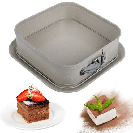 Bakvormen Set - Cakepan - 3-Delig Bakvormen Set - 26 x 11.5 x 7.5 cm Rechthoekige Baktray + Ø12cm Ronde Cakepan + 27.5cm Vierkante Bakvorm - Carbon Staal - Marmeren Anti-aanbaklaag - Beige-Grijs