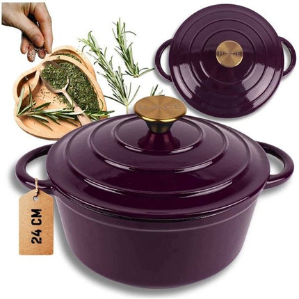 Hage - Kookpan - Gietijzeren Pot met Deksel - Geëmailleerd - Inductie & Oven Geschikt - Inclusief Mini Ovenhandschoenen & Onderzetter - Voor Braden, Stoven, Soep & Brood - 4 Liters - Ø24 cm - Auberginepaars