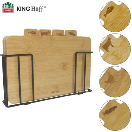 Kinghoff - 4 Delige Snijplank - Snijplanken met Standaard - Keuken Snijplankenset - Vlees, Vis, Gevogelte & Groenten - Bamboe - 28.5 x 20 cm