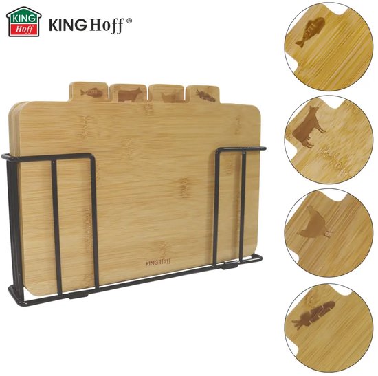 Kinghoff - 4 Delige Snijplank - Snijplanken met Standaard - Keuken Snijplankenset - Vlees, Vis, Gevogelte & Groenten - Bamboe - 28,5 x 20 cm