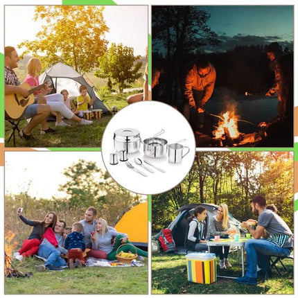 Kinghoff - KH-2060 - 9-Delig Camping Kookset - Kampeerset met Kookpan 1,5L, Mok 0,5L & Bakje 1,1L - Campingservies met Bestek, Mes, Vork & Lepel - Inclusief Zout- en Peperstrooiers - Reis- & Outdoor Set voor Camper en Tent - RVS