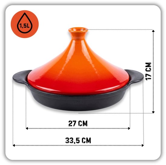 Hage tajine 27 cm, 1,5 liter - gietijzer met keramische deksel, oranje en zwart