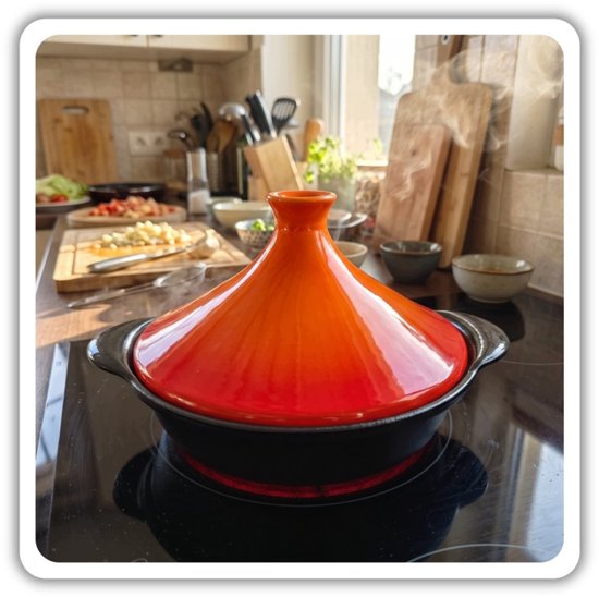 Hage tajine 27 cm, 1,5 liter - gietijzer met keramische deksel, oranje en zwart