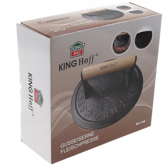 Kinghoff gietijzeren vleespers Ø 22 cm – burger- en steakpers met houten handvat – foto 6