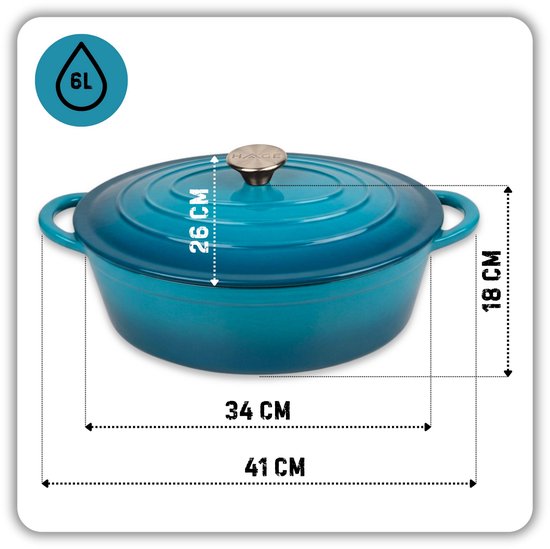 Hage gietijzeren braadpan met deksel, 6 liter, azuurblauw emaille