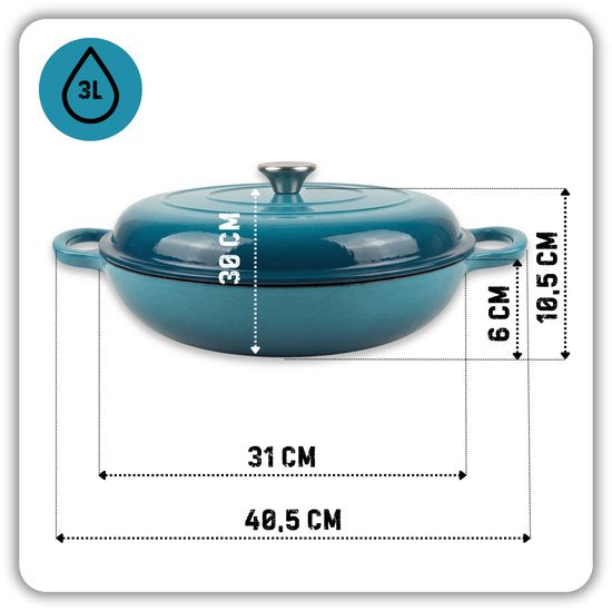 Hage gietijzeren braadpan 30 cm, 3 liter, azuurblauw, met deksel en 2 handgreephoezen