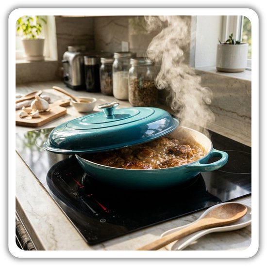 Hage gietijzeren braadpan 30 cm, 3 liter, azuurblauw, met deksel en 2 handgreephoezen