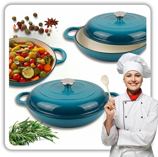 Hage gietijzeren braadpan 30 cm, 3 liter, azuurblauw, met deksel en 2 handgreephoezen