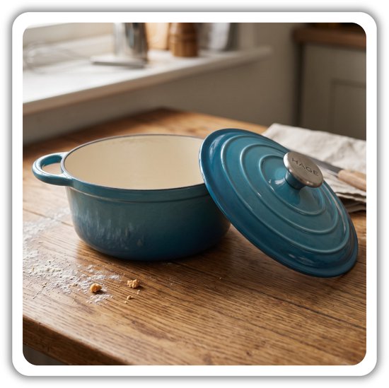 Hage gietijzeren braadpan met deksel, 24 cm, 4 liter, azuurblauw